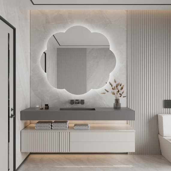 Asymmetrical LED Mirror, Irregular Bathroom Vanity Mirror with Lights, Aesthetic Modern Backlit LED Bathroom Mirror