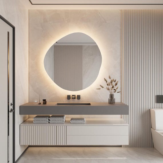 Asymmetrical LED Wall Mirror, Irregular Decorative Bathroom and Washbasin Mirror with Touch Switch Lighted Design