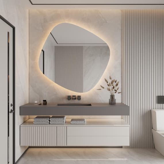 Circular Asymmetrical LED Mirror, Irregular Modern Makeup Mirror, Aesthetic Unique Lighted Mirror Decor for Bathroom or Vanity