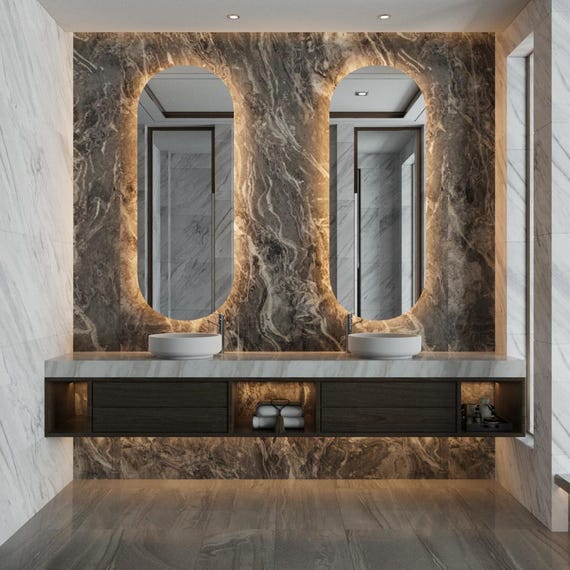 Single Oval LED Vanity Mirror, Pill Shaped Lighted Bathroom Mirror, Asymmetrical Illuminated Wall Mirror (One Piece Only)