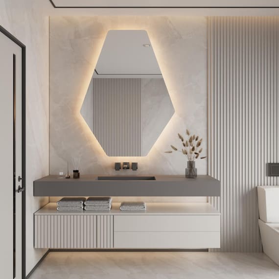 Elongated Hexagon LED Mirror, Modern Geometric Wall Mirror with Backlit Light, Full Length Illuminated Vanity Mirror for Contemporary Decor