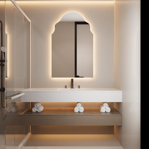 Arched LED Bathroom Mirror, Art Deco Illuminated Vanity Wall Mirror with Lights, Aesthetic LED Lighted Interior Decor