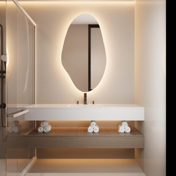 Illuminated LED Bathroom Mirror, Irregular LED Vanity Mirror, Large Wall Mirror with Lights, LED Lighted Wavy Mirror, Backlit Mirror