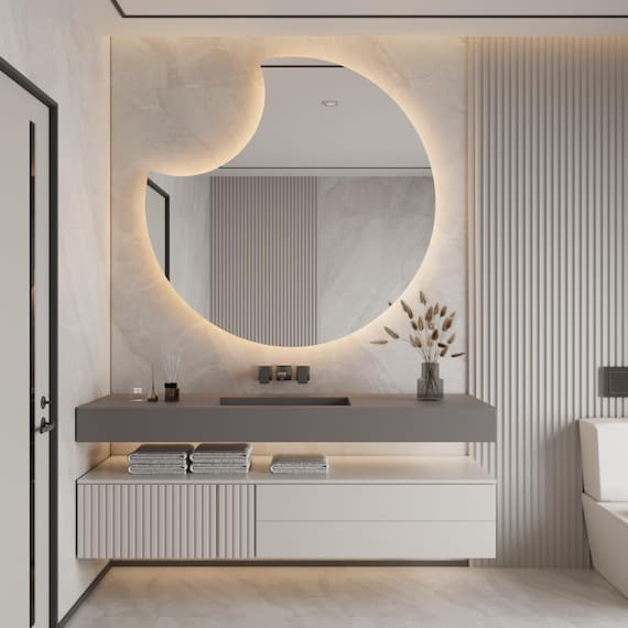 Half Circle LED Mirror, Large Modern Bathroom Vanity Mirror with Backlit Lighting, Frameless Wall Decor for Luxury Interiors