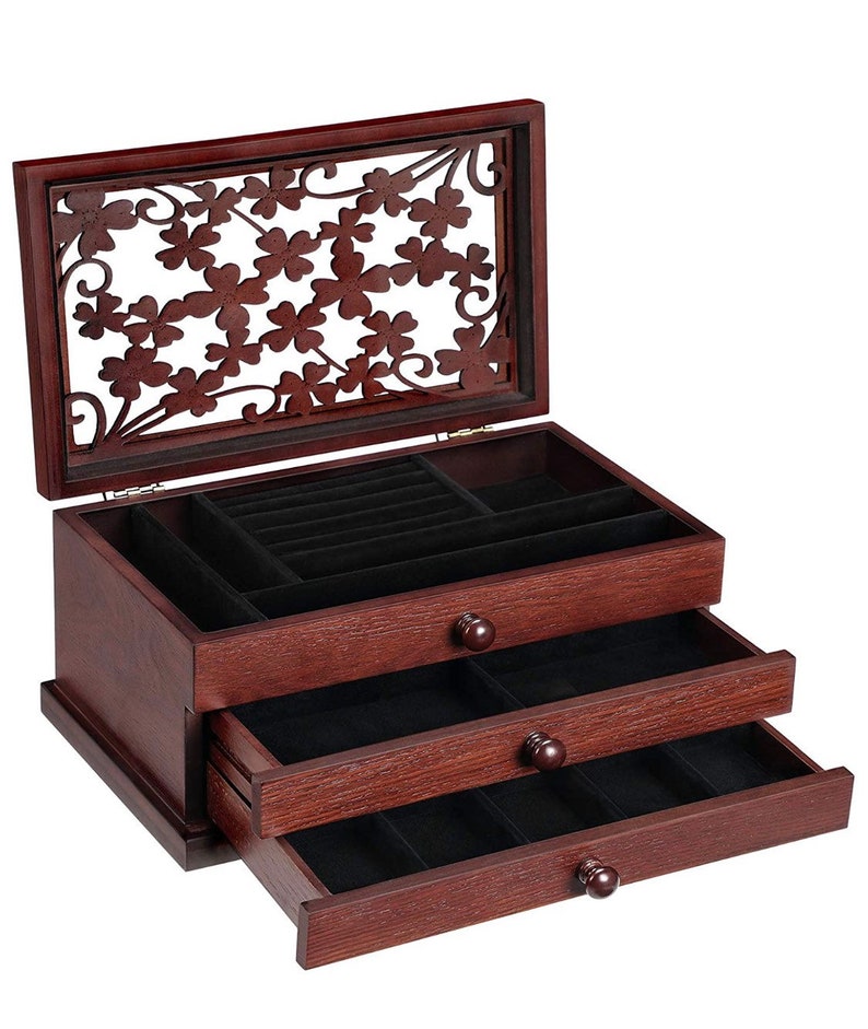 Jewelry Organizer with Lift-Out Tray and 2 Removable Pull-Out Drawers Mahogany Wooden Jewelry Box with Floral Carving Gift for Loved Ones