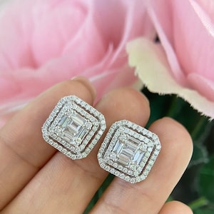 Orecchini Statement in oro bianco 14K con smeraldo e diamanti naturali taglio brillante rotondo da 1,62 ct