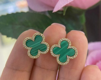 14K Yellow Gold Claver Green Malachite Earrings.