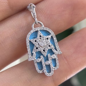 White Gold Hamsa Pendant with Enamel Back Round and Star of David Center.