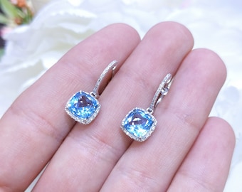 4.01CT Blue Topaz and Diamond Halo Dangling Earrings in 14K White Gold