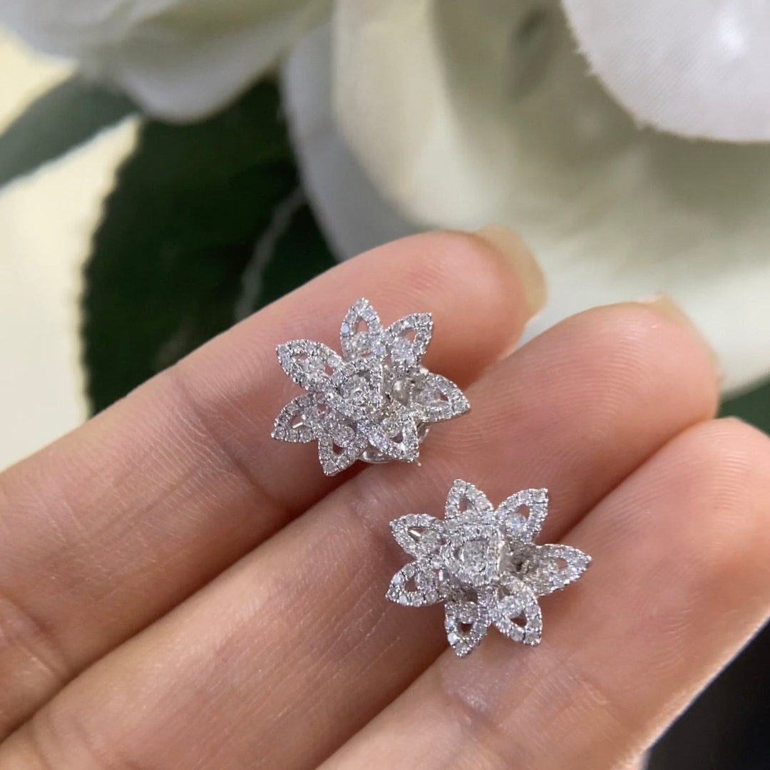 White Gold Flower Cluster Diamond Stud Earrings