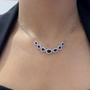 White Gold Oval Cut Blue Sapphire Necklace and Round Cut Diamonds