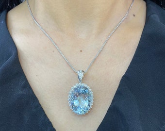 14K White Gold 36.81ct Aquamarine  3.30ct inDiamonds Pendent  G color -SI COLN019