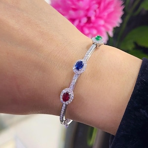 Diamond Bangle with Sliding Ruby Emerald Sapphire Half Circle Bangle