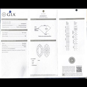 May include: GIA Diamond Grading Report for a 3.51 carat marquise brilliant diamond. The report includes details on the diamond's cut, color, clarity, and fluorescence. The diamond is graded as Excellent in polish and symmetry, and has a clarity grade of SI2.