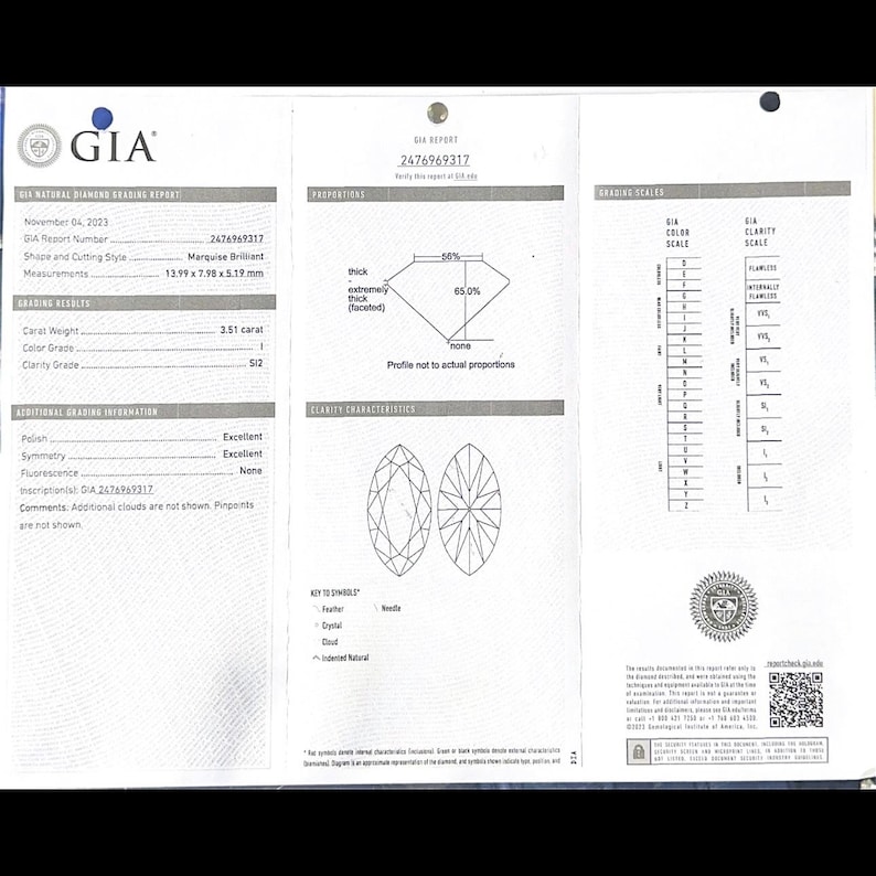 May include: GIA Diamond Grading Report for a 3.51 carat marquise brilliant diamond. The report includes details on the diamond's cut, color, clarity, and fluorescence. The diamond is graded as Excellent in polish and symmetry, and has a clarity grade of SI2.