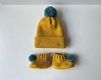 Handmade Mustard Yellow Baby Bobble Hat and Booties Set, Newborn Baby Shower Gift