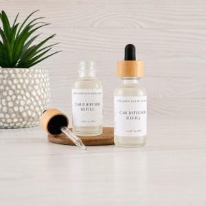 May include: Two clear glass bottles with bamboo dropper caps and white labels reading THE BATH AND WICK SHOP CAR DIFFUSER REFILL 1 OZ (30 ML). One bottle is upright, while the other lies on its side with the dropper tip exposed on a wooden disc.