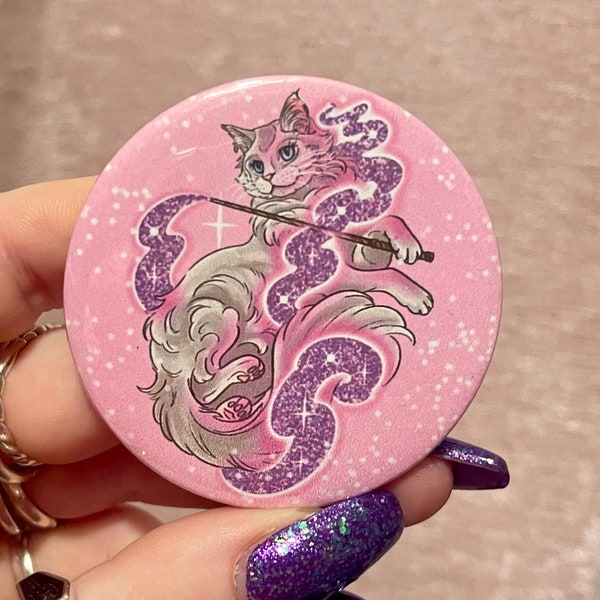 Pink magical witch cat with wand mini pocket mirror