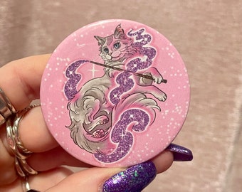 Pink magical witch cat with wand mini pocket mirror