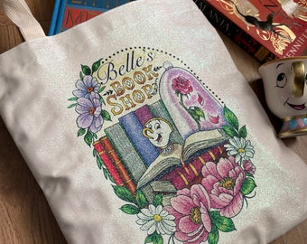 Belle’s Book Shop • Beauty and the Beast • iridescent glitter canvas tote bag