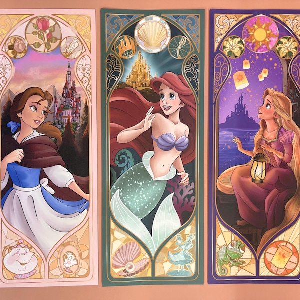 Stained Glass Princess Art Print, choose from Belle, Ariel or Rapunzel