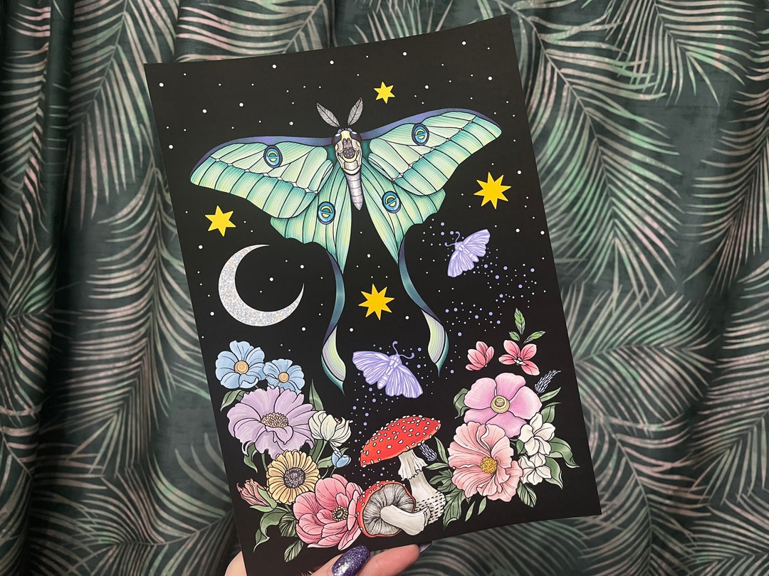 Luna Moth Celestial and Floral Art Print A4 or A5 - Etsy