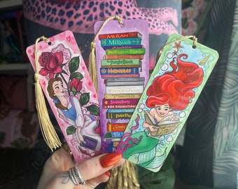 Disney bookmark gift set trio • Ariel, Belle and Stack of Disney Classic books with gold tassels •