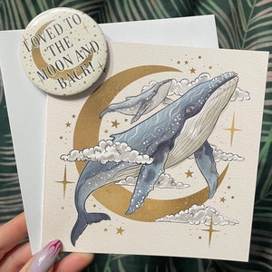 Celestial Humpback whale and calf greetings card with envelope and badge option • Mother’s Day, Birthday Card