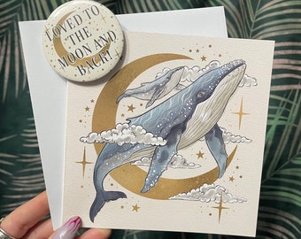 Celestial Humpback whale and calf greetings card with envelope and badge option • Mother’s Day, Birthday Card