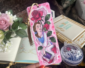 Disney Belle Beauty and the Beast Rose Bookmark • Double sided with gold tassel •