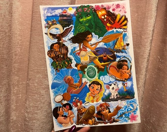 May include: A colorful print featuring characters and scenes from a popular animated movie. The artwork includes depictions of a woman with long dark hair, a boat, and various other characters, all set against a backdrop of blue and white waves and sky.