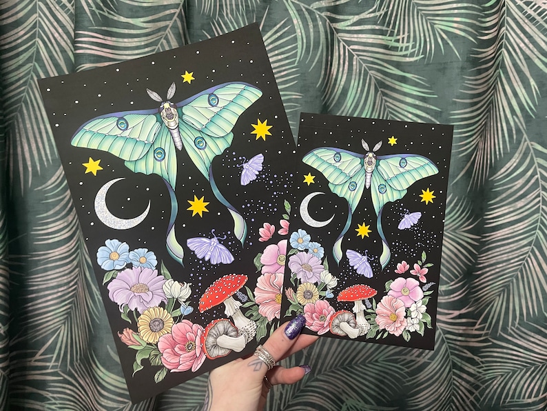 Luna Moth Celestial and Floral Art Print A4 or A5 - Etsy