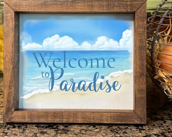 Targa In Metallo 40x10 Cm 'Welcome To Paradise' Stile Rustico Retrò Con Fori Per Appendere