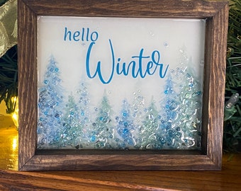 Hello Winter Decor, Glass and Resin Art, Winter Mantel Decor, Winter Kitchen Decor, Tiered Tray Decor, Shelf Sitter