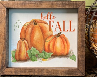 Hello Fall Pumpkins Farmhouse Sign |Fall Decorations for Home | Fall Signs | Fall Mantle Decor | Pumpkin Decor | Fall Tiered Tray Decor
