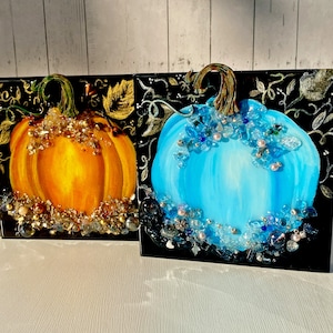 Orange pumpkin Blue Pumpkin Art Recycled Glass Resin Art Fall Mantel Decor Pumpkin Kitchen Decor Glass Pumpkin Painting Pumpkin Painting