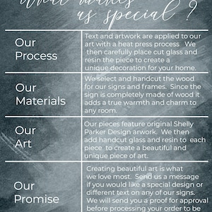 May include: Text explaining what makes a company's wood signs special. The text highlights the use of hand-cut wood, heat-pressed artwork, and hand-cut glass and resin. The company also offers custom designs and sends a proof for approval before processing the order.