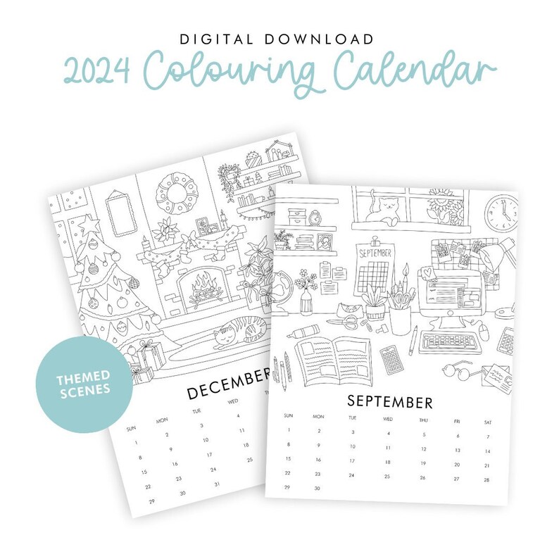 Digital 2025 Colouring Calendar scenes Digital Print, Hanging Calendar