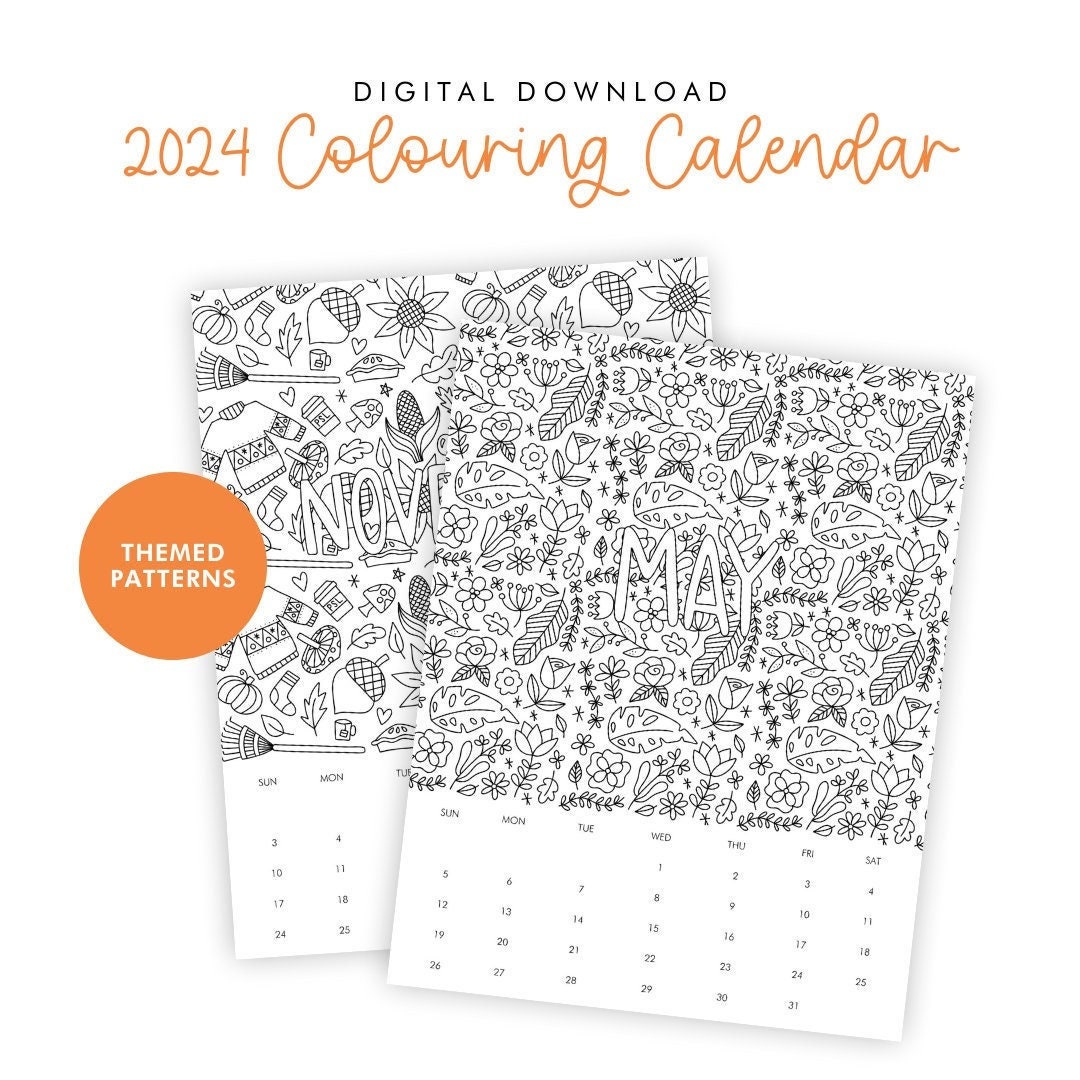 Digital 2024 Colouring Calendar patterns Printable, Hanging Calendar