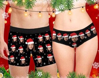 Custom Christmas Couple Face Underwear, Personalize Photo Boxers, Underwear w Snowflakes and Christmas Hat, Fun Christmas Gift for Boyfriend