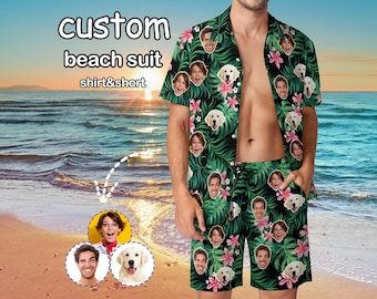 Custom Hawaiian Shirt Trunks with Face for Bachelor Party，Personalized Hawaiian Shirt Set with Photo，Custom Photo Men&#39;s Beach Suit with Dog