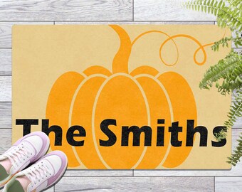 Pumpkin Family Name Doormat | Pumpkin Welcome Doormat | Autumn Decorative Gift | Fall Outdoor Doormat | New Home Gift | Thanksgiving Doormat