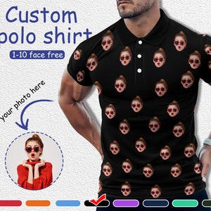 May include: A black polo shirt with a repeating pattern of a woman's face wearing heart-shaped sunglasses. The text "Custom polo shirt 1-10 face free" is visible on the image.  A smaller image of the woman's face is shown in a circle with an arrow pointing to the shirt.  A row of colour swatches is shown at the bottom of the image.