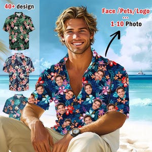 May include: A blue and white Hawaiian shirt with a floral pattern and multiple faces printed on it. The shirt is short-sleeved and has a button-up collar. The shirt is being worn by a person with blonde hair and a beard. The text "Face/Pets/Logo 1-10 Photo" is visible in the image.