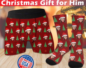 Custom Christmas Party Socks and Boxers, Personalised Men's Photo Underwears, Christmas Gift for Boyfriend, Boxers with Christmas Hat & Tree