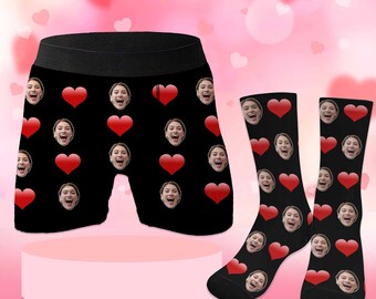 Personalized Men's Photo Underwears with Hearts, Custom Face Socks, Christmas Unisex Sock for Couple, Christmas/Wedding Gifts for Boyfriends