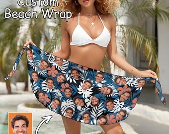 Custom Beach Sarong Wrap with Faces Personalzied Women&#39;s Sarong Wrap with Photo Customize Bikini Swimwear Cover up Tropical Short Swimsuit