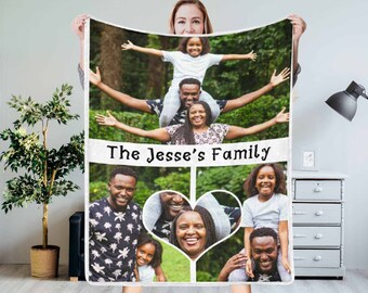Custom Family Patchwork Photo Blanket, Personalized Memory Blankets, Multi-size Blanket, Home Decor Blanket, Heart Blanket, Merry Christmas