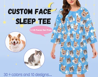 Custom Face Women's Oversized Sleep Tee Personalized Dog Photo Pajama T-Shirts Pet Pajama Dress Party Gift for Family Christmas Bachelorette