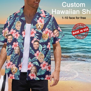 Aangepaste Hawaiiaanse herenshirts, gepersonaliseerde button-down shirts, aangepaste gezichtpoloshirts, strandfeestshirts, vrijgezellenfeest, cadeau voor papa/mannen